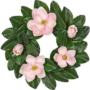 20" Artificial Wreath for Front Door Pink Magnolia Wreath Greenery for Easter Spring Housewarming Wedding Farmhouse Mantel Door Decoration