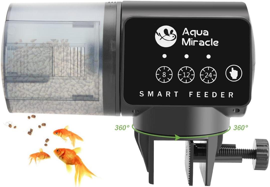 AquaMiracle Automatic Fish Feeder for Aquarium, Auto Fish Food Dispenser with Timer, Volume Adjustable Vacation Aquarium Feeder, for Granules Pallets Strips