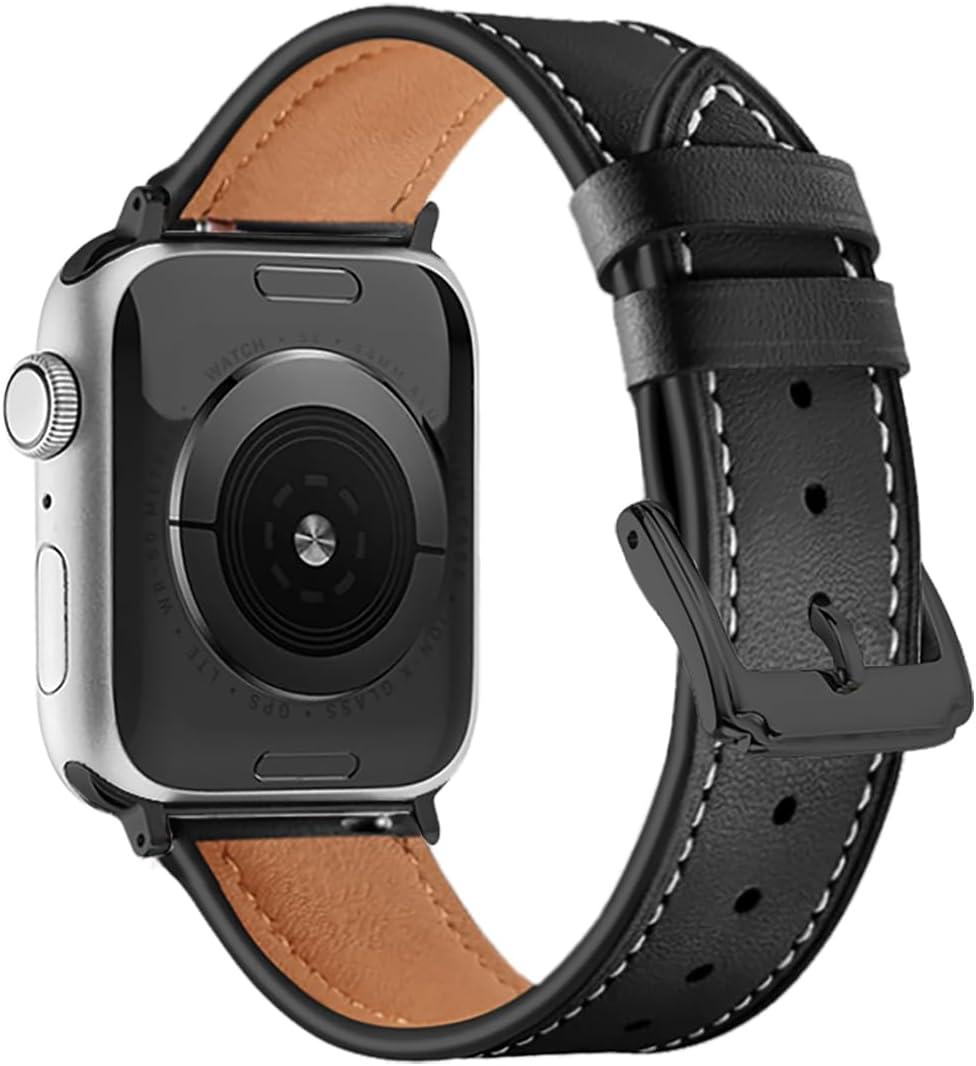 Genuine Leather Bands Compatible with Apple Watch Band Series 10 9 8 7 6 5 4 3 2 1 Ultra SE 49mm 46mm 45mm 41mm 44mm 40mm 42mm 38mm Women Men Top Calfskin for iWatch Wristband Replacement Strap (Black-Black Pin Buckle)