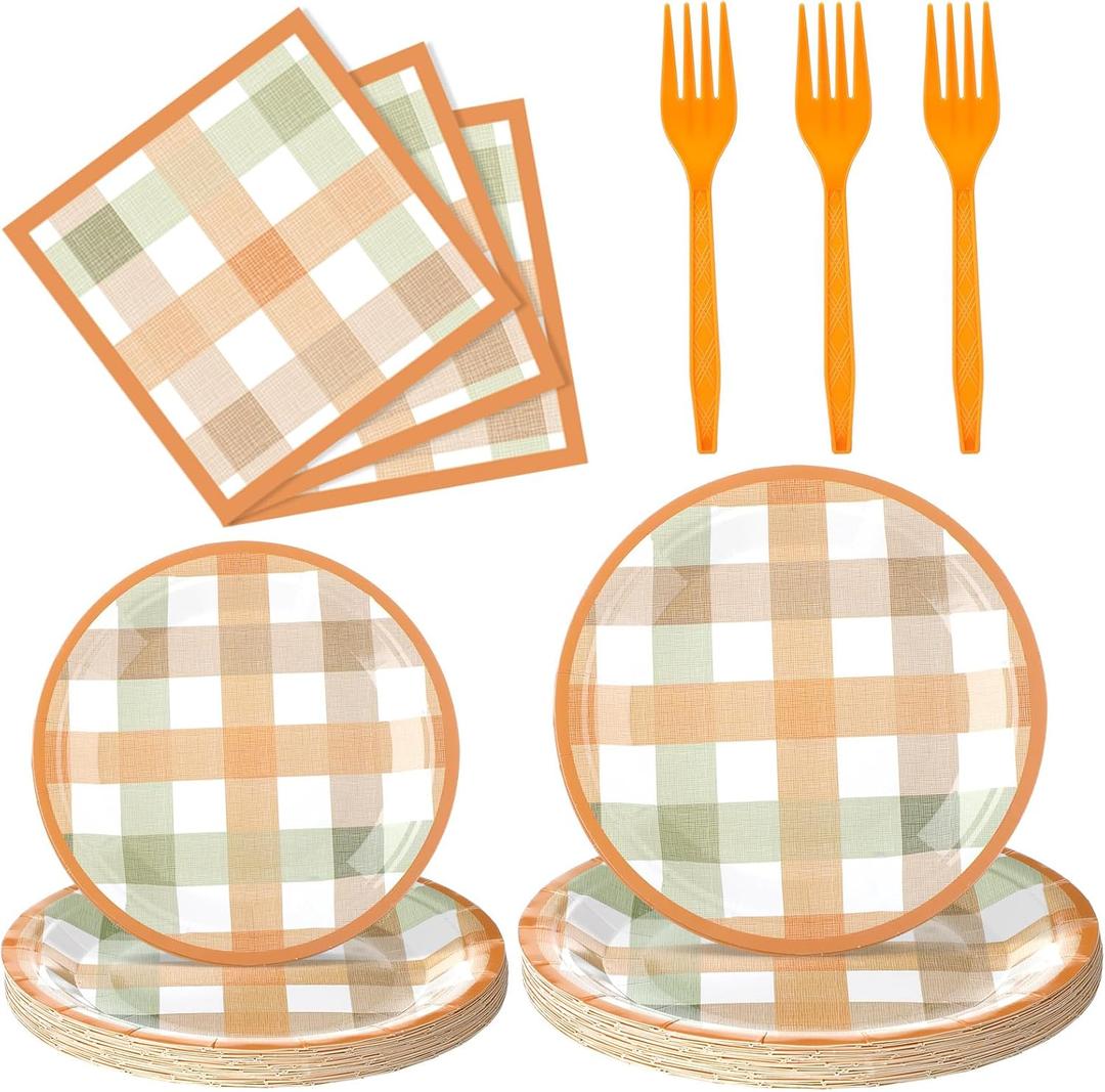 Honeydak 96 Pcs Fall Orange Plaid Party Supplies Thanksgiving Paper Plates and Napkins Fork Autumn Disposable Dinnerware Set Fall Tableware for 24 Guest Thanksgiving Theme Party Decorations