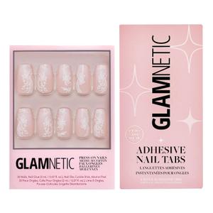 Glamnetic Press-On Nails & Adhesive Nail Tabs - Lace Blush | Medium Coffin Fake Nails with Lace Detailing | 15 Sizes - 30 Nail Kit with Adhesive Tabs