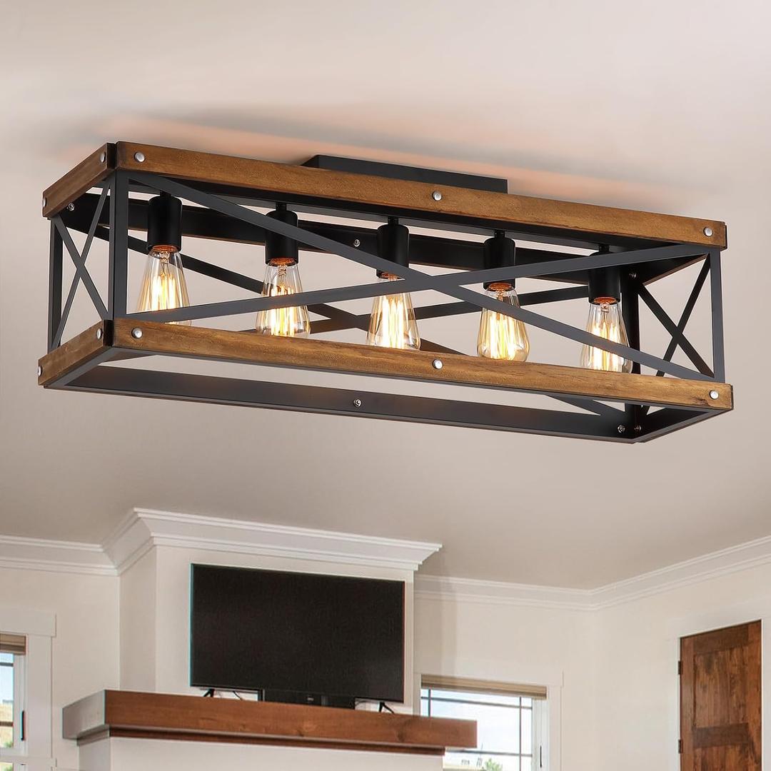 5-Light Large Rustic Farmhouse Wood Flush Mount Ceiling Light Fixture 31.5 inch Oak Wood and Metal Rectangular Track Semi Flush Mount Ceiling Light for Kitchen Living Room Bedroom Indoor, Black