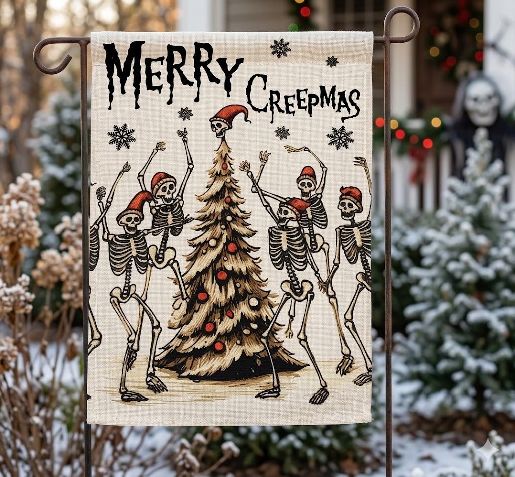 MERRY CREEPMAS Garden Flags for Outside Decoration, Christmas Skeleton Small Yard Flag, Seasonal Farmhouse Winter Holiday Outdoor Decor 12x18 Inch Vertical Double Sided