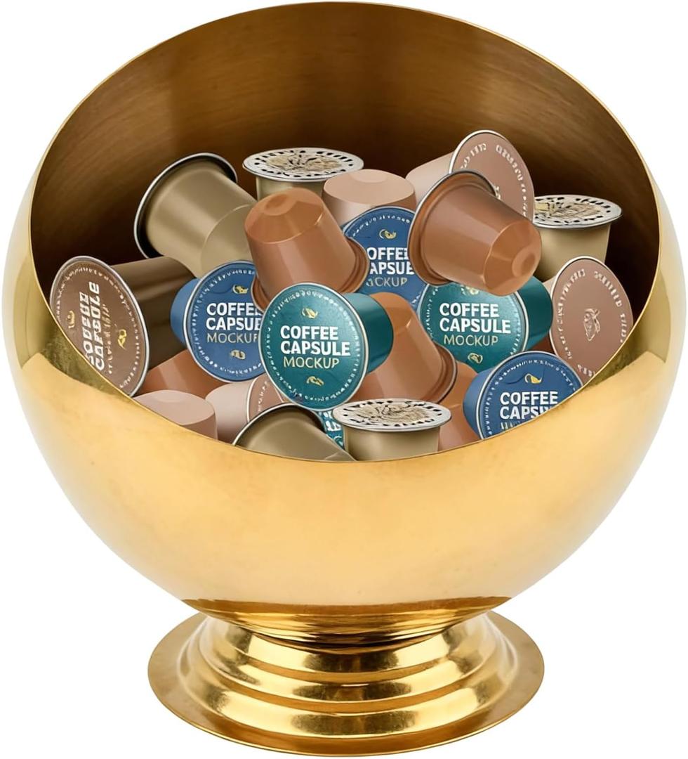 Coffee Pod Holder, Large Capacity Stainless Steel K Cups Holder Organizer Bowl Coffee Capsule Creamer Container Basket, Espresso Pods Storage for Bar Station, Counter (Gold)