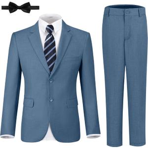 JPF Boys Formal Suits Slim Fit 5 Piece Kids Suit Jacket Pants Set with Dress Shirt and Tie for Wedding Prom (2, 5pc Blue Grey)