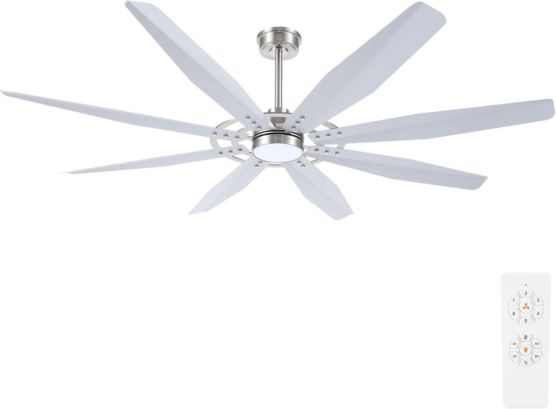 60 inch Modern Ceiling Fan with Light & Remote Control, Aluminum 8-Blades Large Industrial Ceiling Fan,Reversible Quiet DC Motor,3CCT/6-Speed, for Living Room, Brushed Nickel and Silver (Nickel+Aluminum)