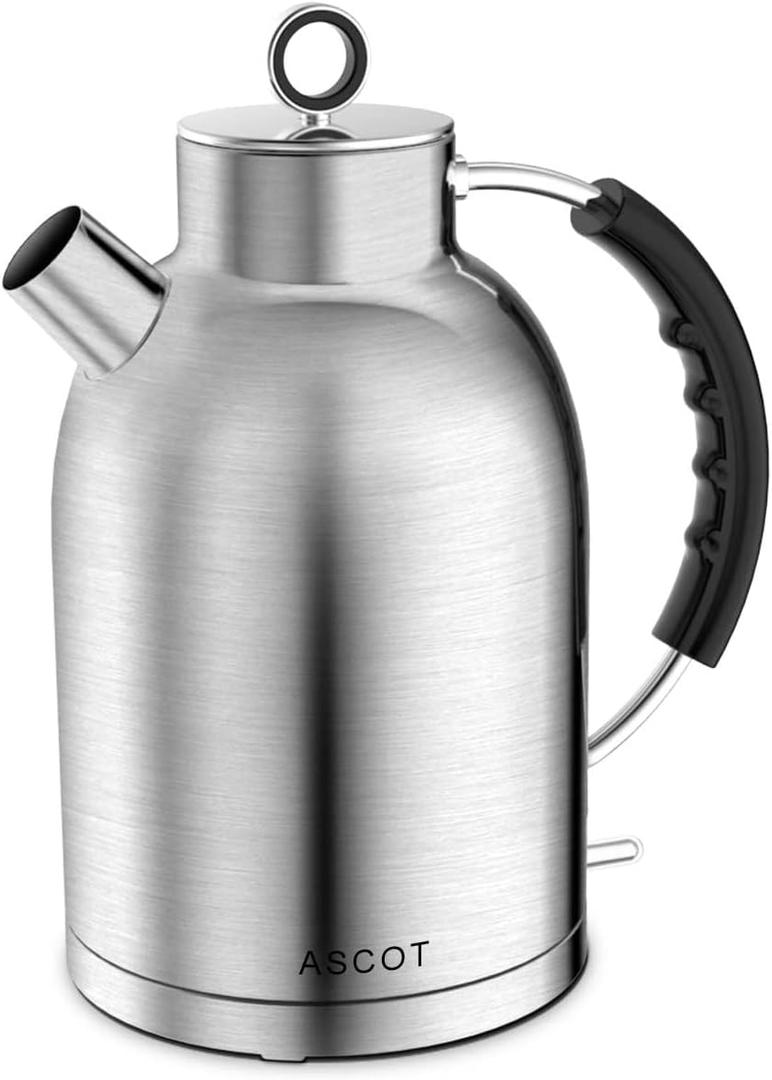 ASCOT Electric Kettle, Electric Tea Kettle Hot Water Kettle Stainless Steel Kettle 1.6L 1500W Retro Tea Heater & Boiling Water, Auto Shut-Off and Boil-Dry Protection (Matte Silver)