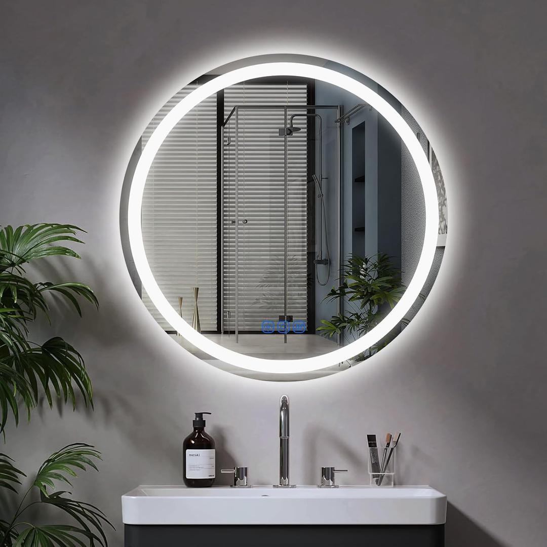 24 Circle LED Bathroom Mirror Round LED Mirror Bathroom Vanity Mirror with Lights Wall-Mounted Front & Backlit,Stepless Dimming,Smart Memory Touch,Anti-Fog,Shatterproof for Modern