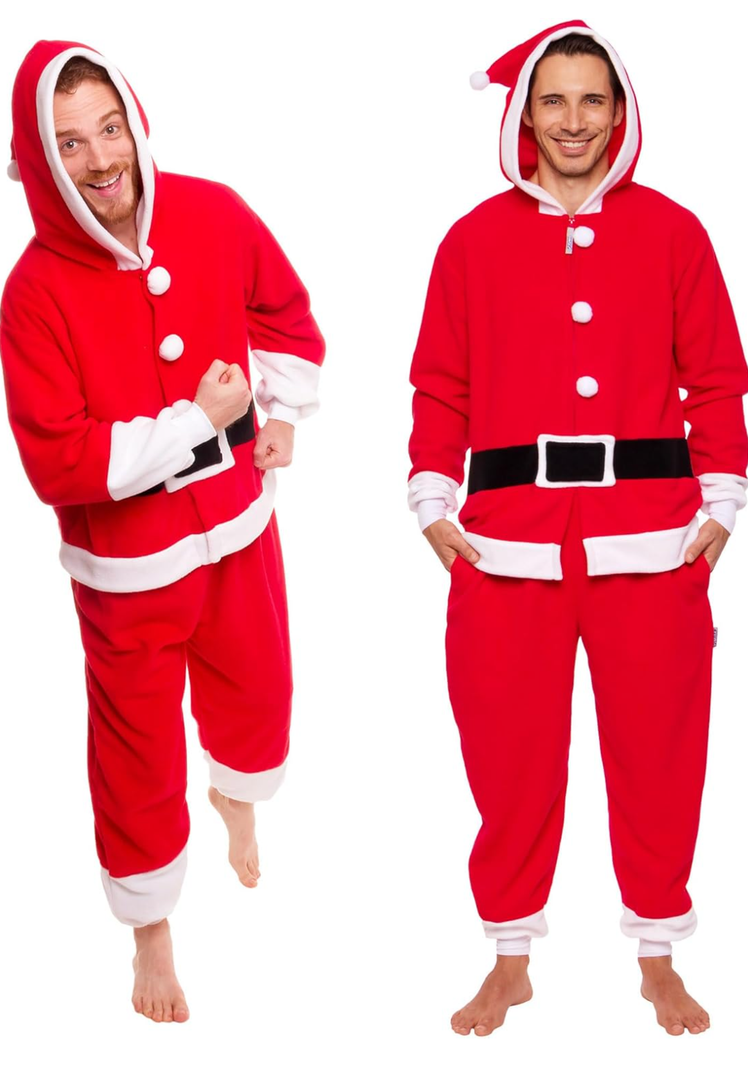 Funziez! Slim Christmas Adult Onesie - Fun Holiday Costume - Santa Clause and Reindeer One Piece for Adults, Women and Men XL