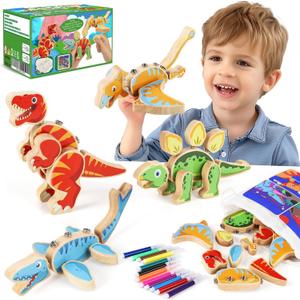 Dinosaur Wooden Toys,Snap on Dino Together Building Blocks,Take Apart Playset, STEM Montessori Educational Fine Motor Skill Learning Birthday Gift for 3 4 5 6+ Years Old Boy Girl Kids