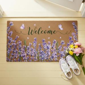 Spring Floral Doormat Coir Welcome Door Mat Lavender Indoor Outdoor Decoration Purple Flower Entrance Doormat Non Slip Door Rugs for Spring Easter Front Easy Clean Entryway 29.5 x 17.7 Inch