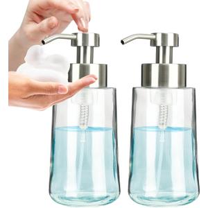 Doiliese Foaming Hand Soap Dispenser Set, 17 oz Large Glass Soap Dispenser, Foam Dispenser with Stainless Steel Pump & Waterproof Labels, Refillable Soap Bottles for Bathroom Countertop, 2 in 1 (Foam Brushed Nickel)