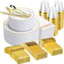 N9R 700PCS Gold Disposable Dinnerware Set for 100 Guests, White Plastic Plates with Gold Rim, Include 100 Dinner & Dessert Plates, Plastic Silverware Set, Cups, Napkins for Party and Wedding
