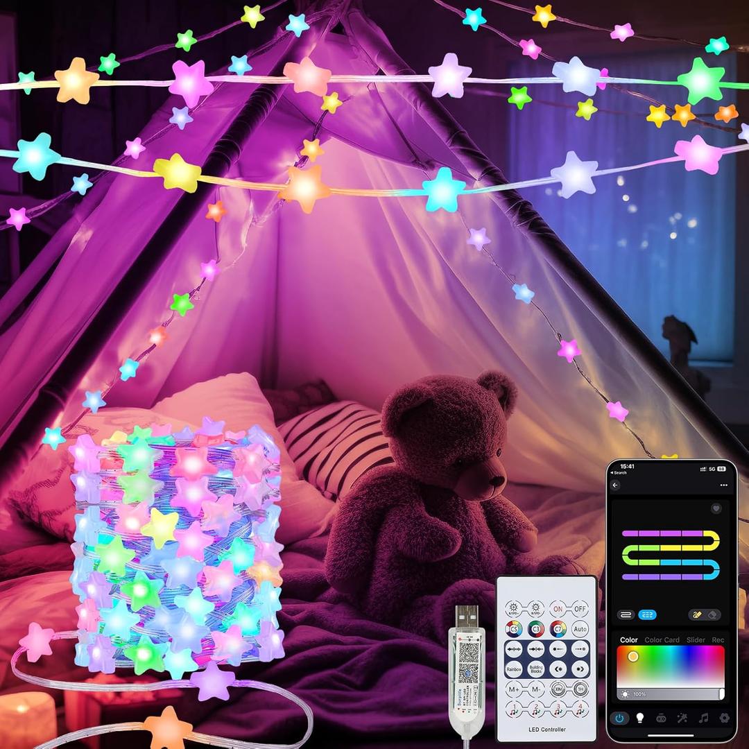Smart Star String Lights Plug in, 33Ft 16 Million Color Changing Fairy Lights RGB Built in Chip APP & Remote Control DIY Music Sync Twinkle Light for Bedroom 4th of July Decoration