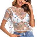 SweatyRocks Women Sheer Mesh Crop Tops Floral Embroided See Throught Short Sleeve Tee Shirt Blouse,Small