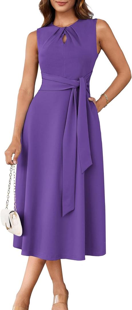 GRACE KARIN Women 2025 Summer Work Dress Sleeveless Tie Waist Elegant Party Cocktail A Line Flowy Midi Dresses with Pockets (Purple)