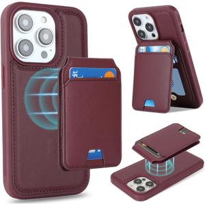 for iPhone 15 pro max Wallet Case magsafe Compatible with Card Holder for Women Men 2 in 1 Detachable Magnetic Shockproof Phone case Stand Leather Credit Card Slots-Wine Red