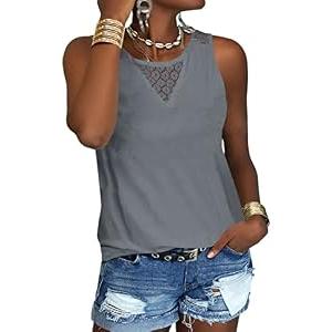 Veatzaer Women's Lace Tank Tops for Summer Crew Neck Casual Loose Fit Solid Sleeveless Shirt Lace Tanks Grey, Medium