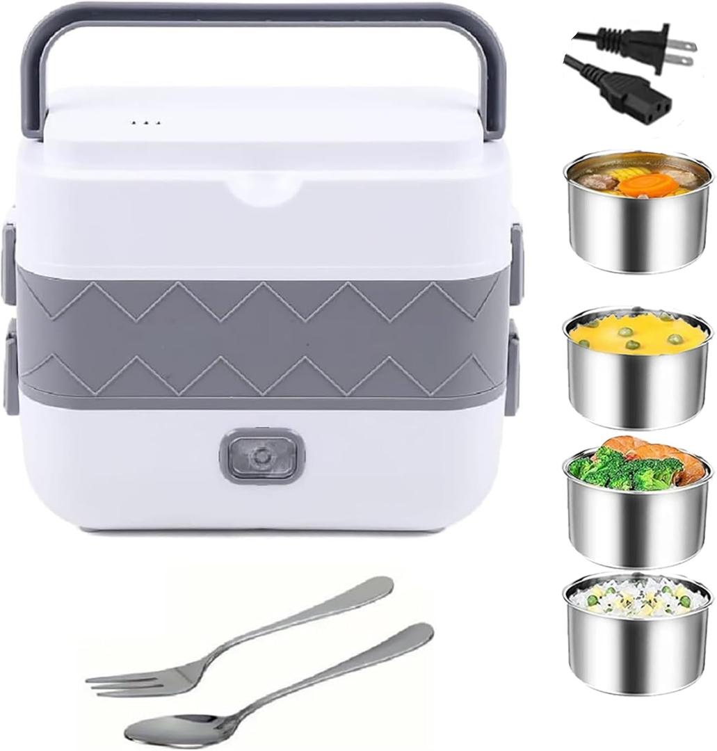 Portable Self Cooking Electric Lunch Box, 2L Mini Rice Cooker, 2 Layers 4 Stainless Steel Steamer Food Insulation Lunch Box for Home Office School Travel Kitchen Cook Raw Food, 110V/250-300W 