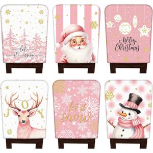 6 Pcs Pink Christmas Snowman Chair Covers Chair Back Covers Xmas Chair Protector Slipcovers Washable Winter Dining Room Seat Covers for Home Hotel Kitchen Decorations