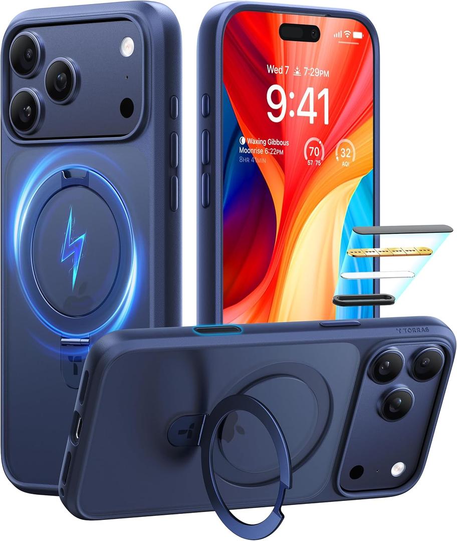 TORRAS for iPhone 17 Pro Max Case with Stand, Compatible with MagSafe, 4X Military Grade Protection, Camera Control, Slim Phone Case for iPhone 17 Pro Max 6.9", Translucent Deep Blue