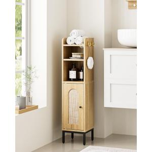 Bathroom Storage Cabinet, Small Corner Floor Hutch with 2Hooks,Narrow Toilet Paper Cabinet with Rattan Door,Bathroom Organizer with Adjustable Shelf, for Small Spaces,Oak