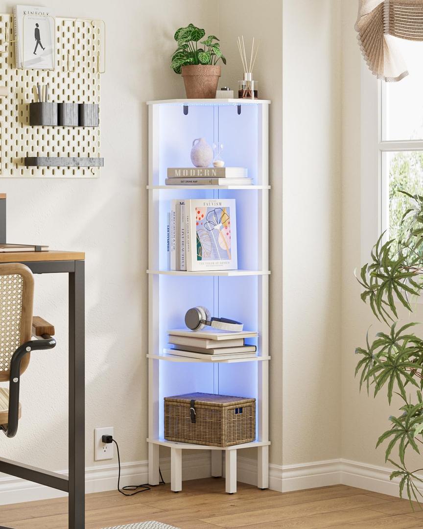 Corner Shelf Stand, 5 Tier Corner Bookshelf with Led Light,Corner Furniture for Bedroom Display Corner Shelf for Small Space,Wood Shelves with Storage Rack for Living Room,Office,White