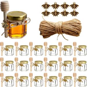 Adabocute Honey Pot, Mini Honey Jars with Dipper, Glass Honey Jars Baby Shower Favors, Party Favors & Wedding Favors, Gold Lid, Bee Pendants, Gold Organza Bags, 20 Pack 1.5oz