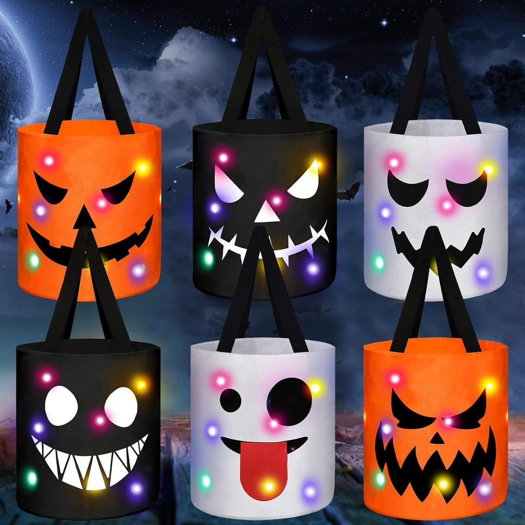 Teling 6 Pcs Halloween Trick or Treat Bucket Light up Pumpkin Candy Bags LED Halloween Treating Baskets Reusable Goody Gift Tote Bag for Birthday Party Favor Supplies(10.4 x 9.8 Inch,Smile Face)