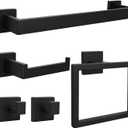 5pcs Bathroom Hardware Set, 16in Towel Bar Set, Including Square Towel Bar Square Towel Ring Toilet Paper Holder Towel Hooks, Set SUS304 Stainless Steel, Wall Mounted (5pcs, 16in, Black)