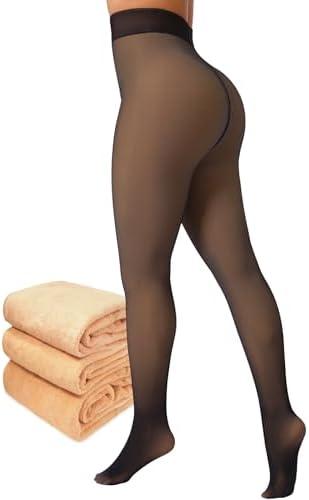 Amzshe Fleece Lined Tights for Women, Winter Fake Translucent Warm Pantyhose XL Black