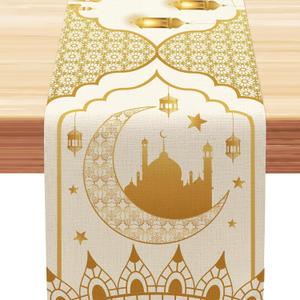 Ramadan Decorations for Home Gold Ramadan Table Runner(13x90 Inch) Eid Dinner Table Decor Tree Lantern Castle Moon Star Kitchen Holiday Party Favors Supplies Mubarak Runner Cover Cloths Gifts