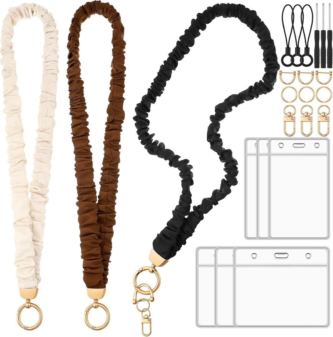 Scrunchie Lanyards for ID Badges, Stretchy Lanyard for Women - Teacher Nurse Neck Lanyard with Card Holder for Office, School, Hospital & Cruise, Neutral Colors