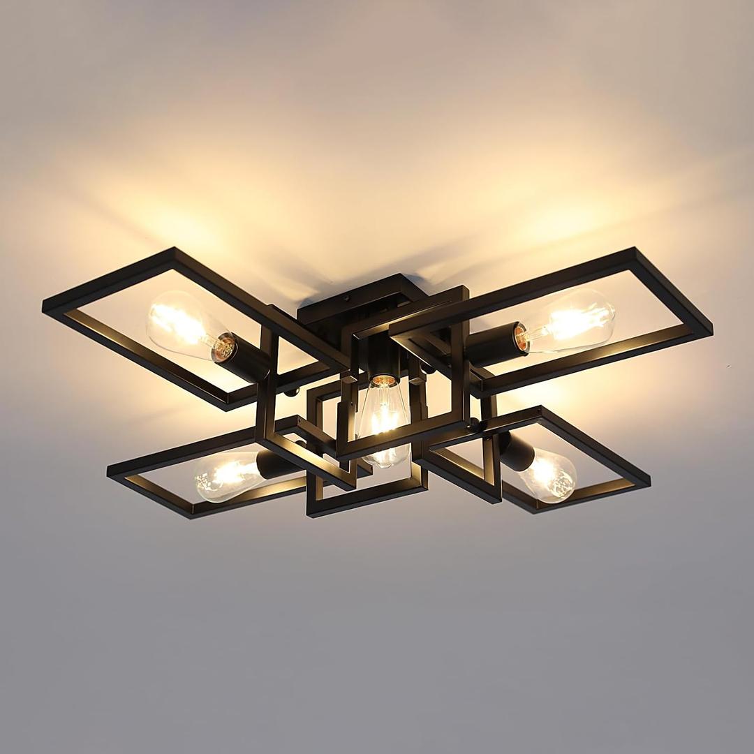 ZGLAOJT Black Industrial Semi Flush Mount Ceiling Light 5-Light Kitchen Light Fixtures Modern Large Matte Sputnik Chandelier for Dining Room Bedroom Farmhouse Living Room