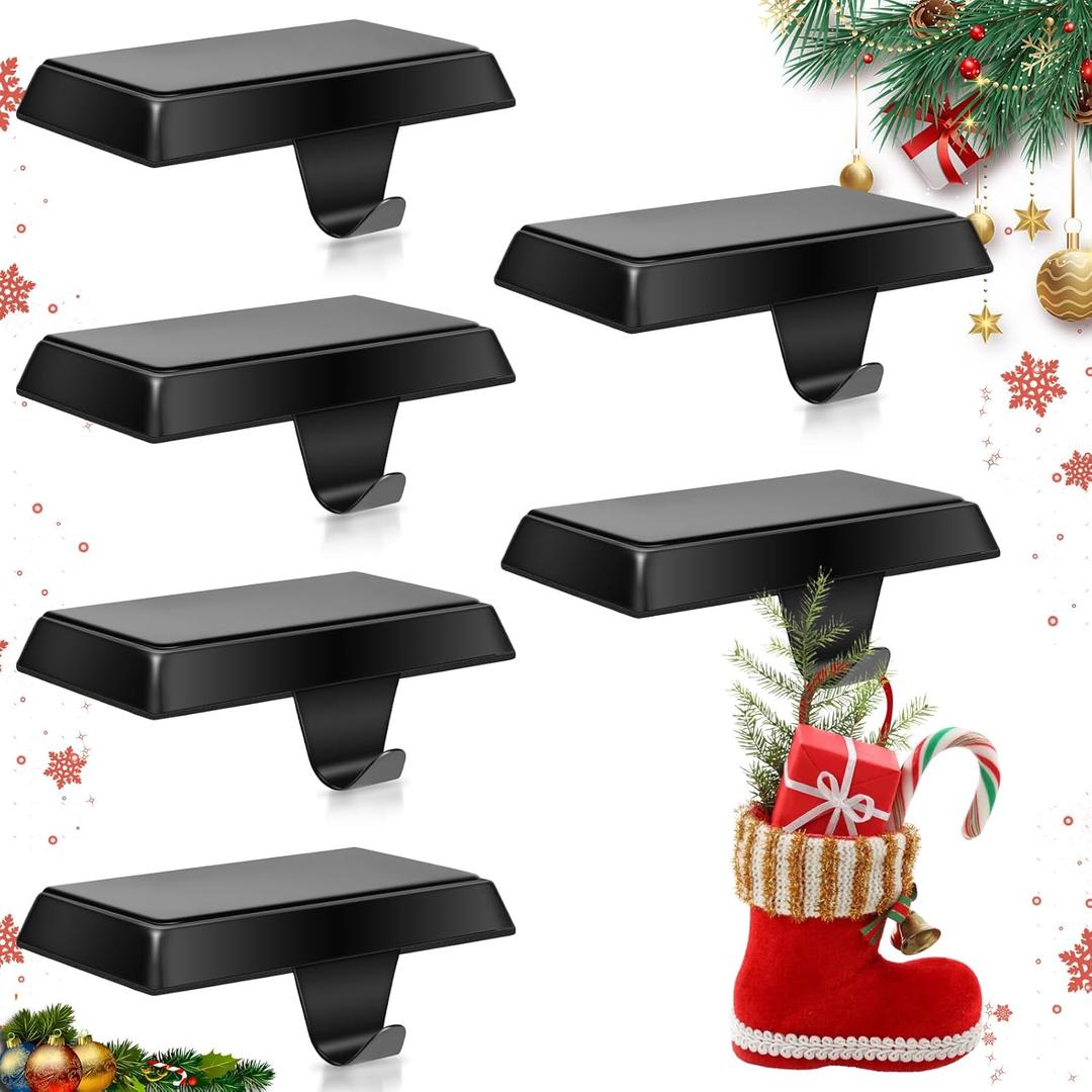 Homjoy 6 Pack Metal Christmas Stocking Holders for Mantle Heavy Duty Stocking Hangers Stocking Hook Christmas Ornaments for Counter Tables Window Fireplace Mantle Decoration (Black)