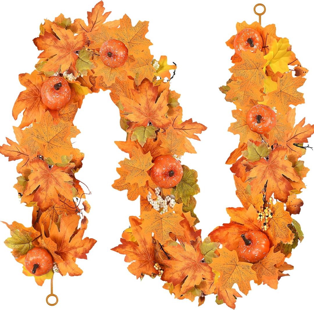 Palonu 6Ft Thanksgiving Artificial Fall Maple Leaves Garland, Hanging Fake Autumn Pumpkin with Berries Vine for Thanksgiving Halloween Fireplace Table Centerpiece Indoor Outdoor Party Home Decor (Orange Green)