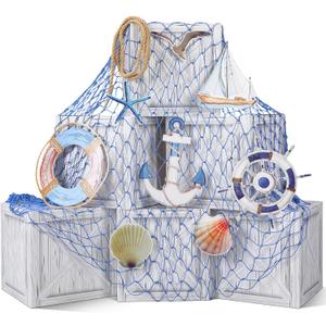 16 Pcs Nautical Party Decorations Imitation Wooden Box Fishing Net Car Trunk or Treat Decor Ocean or Pirate Party Favors Adventure Birthday Photo Booth Props(Blue)