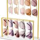Josmimic Sunglasses Organizer Glasses Holder Stand with Tray, Eye Glasses Display, 2 Tier Sunglass Storage Rack for Multiple Glasses, for Desk, Nightstand, Dresser, Vanity, Metal, Gold