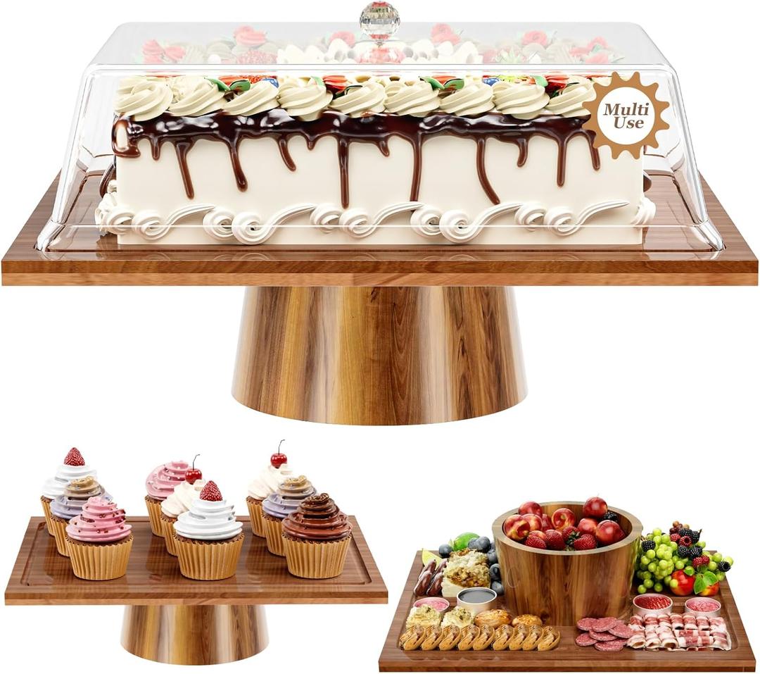 Cake Stand with Lid - 2 in 1 Cake Stand and Charcuterie Board, Rectangle Acacia Wood Cake Stand, Dessert Table Display Set for Cheese, Chips, Dips, Nachos, Fruit Platter, Donut
