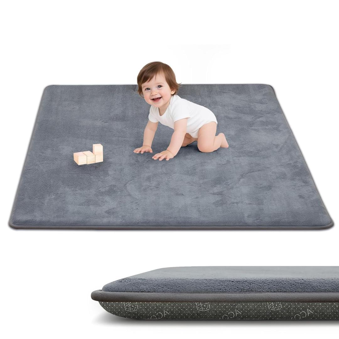 ACOMOPACK 1.3" Thick Baby Play Mat for Floor 50x50"-Memory Foam Water-Repellent Playpen Mat for Tummy Time,Non-Slip Soft Velvet Nursery Rug for Kids,Toddlers,Infants CrawlingGrey