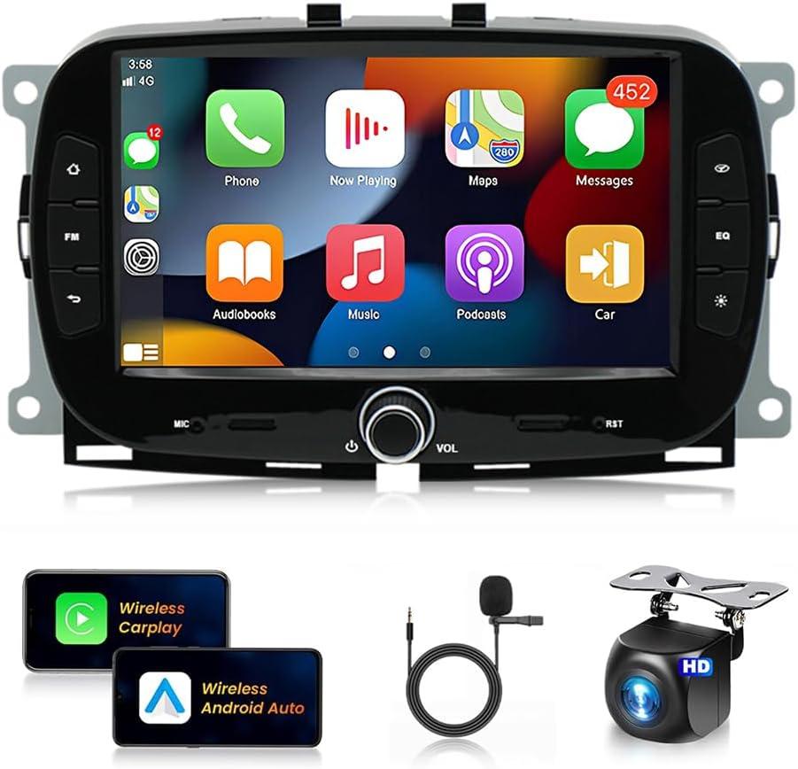 Car Radio for Fiat 500 2016-2019 with Wireless Carplay Android Auto,7 Inch Touch Screen Car Audio Receiver with GPS Navigation/Bluetooth/Mirror Link/WiFi/FM/HiFi/Backup Camera(2G+32G)