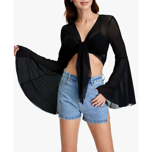 Shein Women's Bell Sleeve Crop Top Tie Front Long Sleeve Blouse Sheer Mesh Top, L, Black