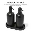 Matte Black Soap Dispenser Set with Tray, 2 Pack 15oz Round Rustproof Liquid Hand Dish Soap Dispensers with Tray for Kitchen Sink, Countertop, and Bathroom