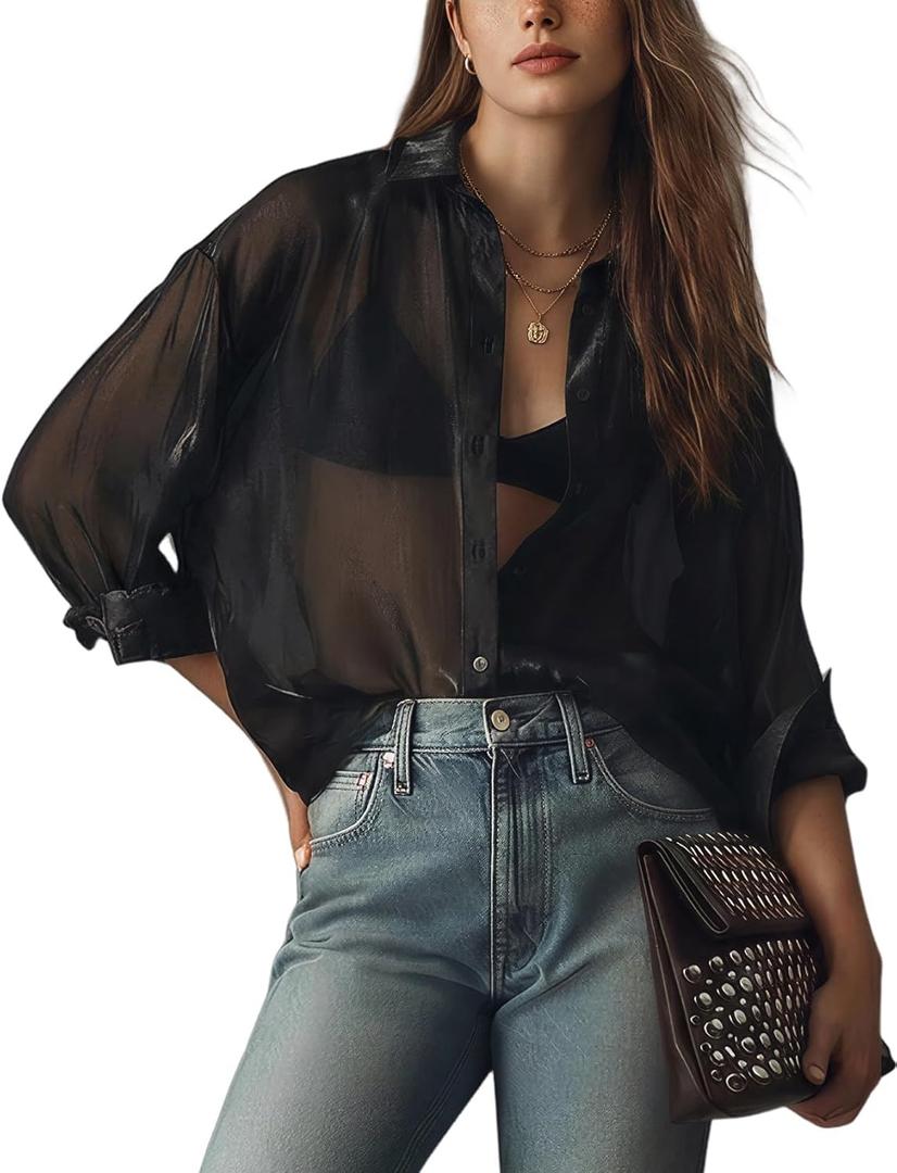 Wyeysyt Sheer Tops for Women Shiny Mesh Top Sheer Button Up Shirt See Through Sexy Long Sleeve Blouse (Black, L)