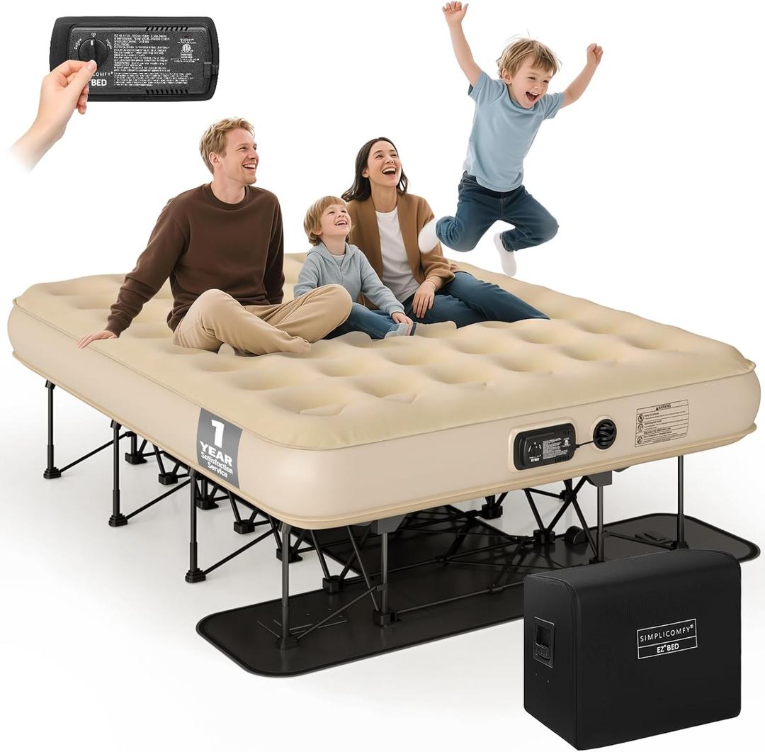 Simpli Comfy Queen EZ Bed Self-Inflating Air Mattress with Built-in Frame, Pump and Wheeled Case, Blow Up Inflatable Rolling Air Bed on Wheels