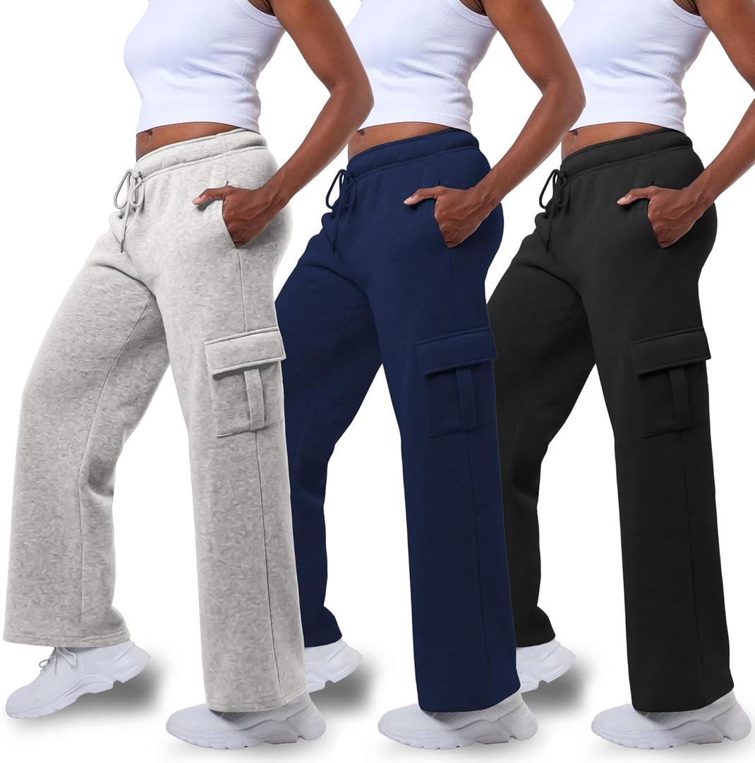 Common Stitch 3 Pack Sweatpants Women, Wide Leg Cargo Women's Sweatpants, Wide Leg Pants with Pockets (Small, Black / Navy / Lt. Heather Grey)