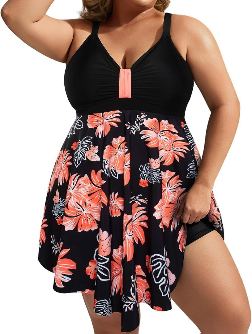 Hanna Nikole Womens Plus Size Swim Dress Swimsuit One Piece Tummy Control Bathing Suit Flowy Body Shaping Swimwear (Small, Orange Floral)