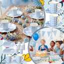 FoldTier 100 Pcs Blue Gingham Tea Party Plates and Cups Blue Gingham Party Supplies Disposable Paper Plates and Tea Cups with Handles Checkered Tableware Set for Wedding Baby Shower Birthday Decor