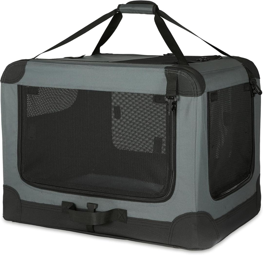 Amazon Basics 4-Door Portable Folding Soft Dog Crate, Collapsible Travel Kennel for Cat, Dog, and Other Small Animals, Pop Up with Easy Transportation, Grey, M 30" x 21" x 21"