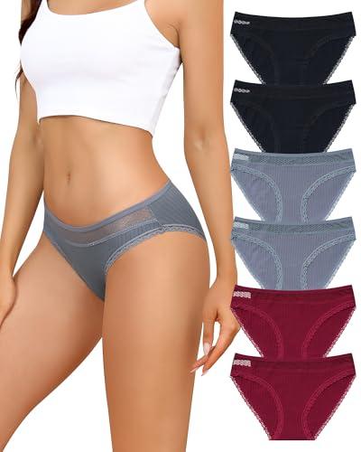 LEVAO Womens Underwear Cotton Bikini Panties Lace Cut Out Stretch Cheeky Ladies Briefs 6 Pack, L